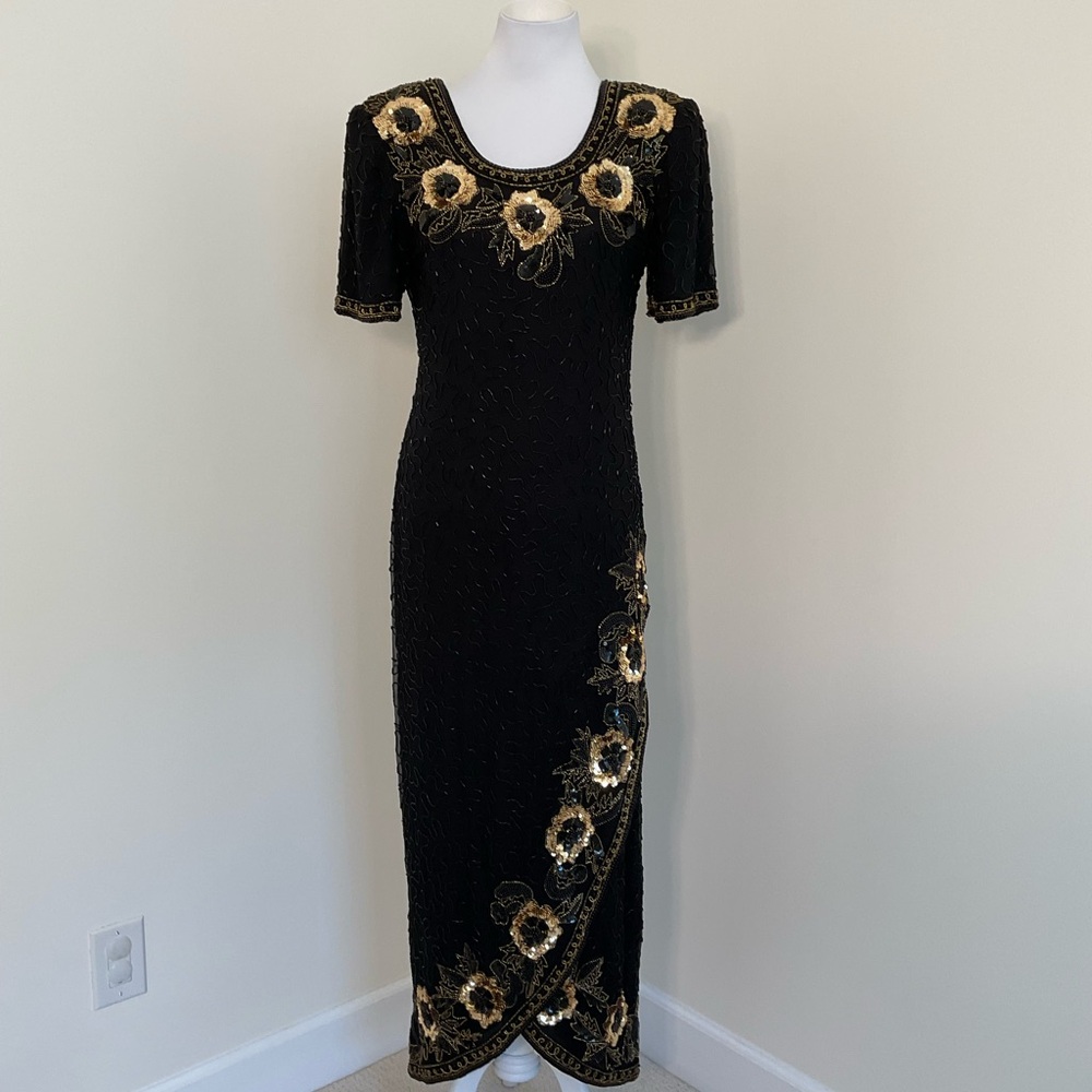 Vintage Scala Elegant Black and Gold Beaded Evening Gown
